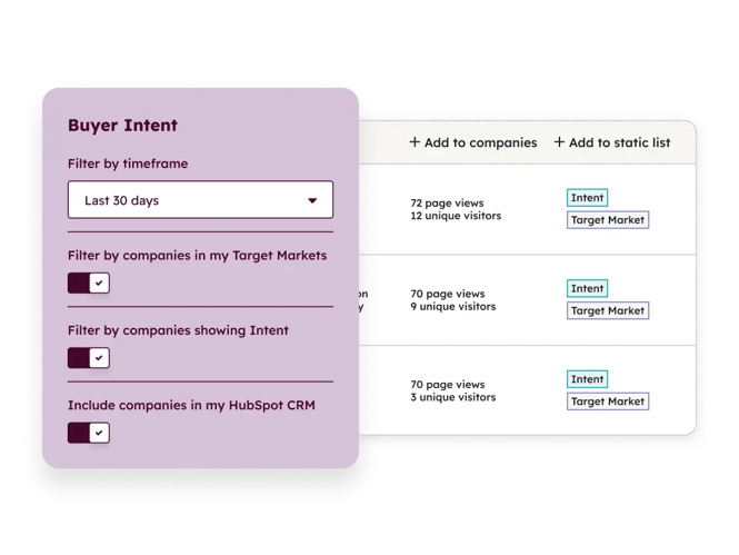 Smart CRM HubSpot - intention d'achat filtres
