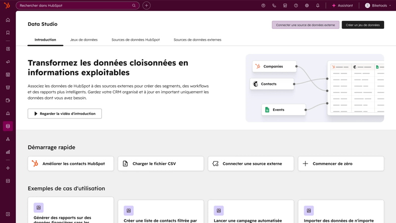 Interface HubSpot Data Studio 2026 — création de datasets unifiés en mode tableur sans code